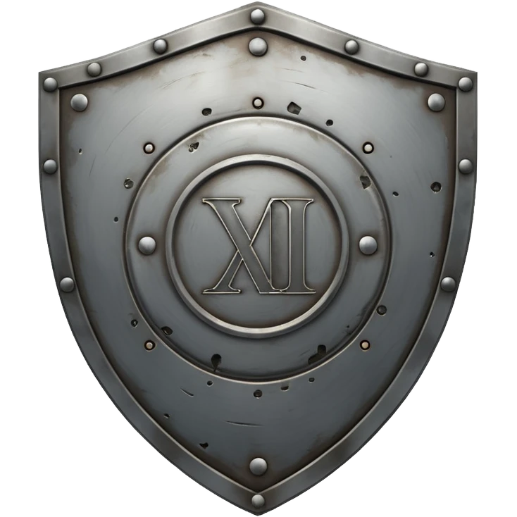 a steel shield with engraved roman numerals for zero—looks battle worn emoji