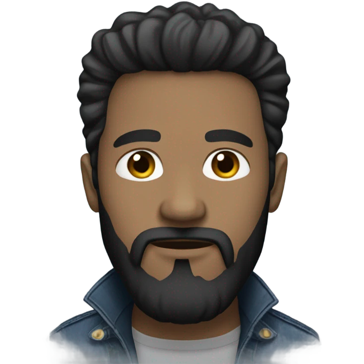 person with a black beard. Without mustache. No beard between nose and mouth. White skin tone. Nice black hair. Denim dark blue jacket emoji