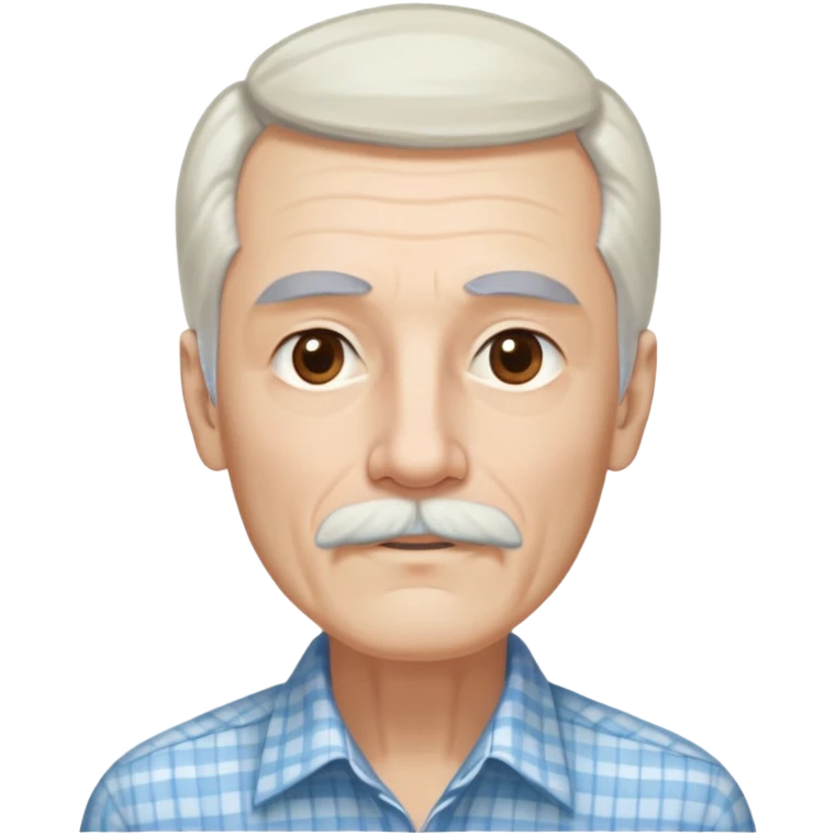 Skinny man in his 70s with fair skin. Long narrow face. Gentle light brown eyes. Long, flowing straight white hair reaching past shoulders, with light bangs. Thin eyebrows. White goatee connected to mustache. Slender appearance. Wearing a light blue and beige checkered button-up shirt. emoji