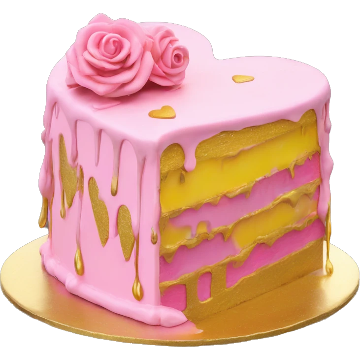 Realistic pink and yellow heart shaped layered cake with metallic gold icing dripping down the cake. emoji