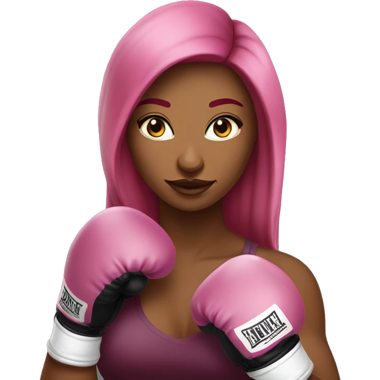 Beautiful tattooed  burgundy long haired woman boxing with pink gloves emoji