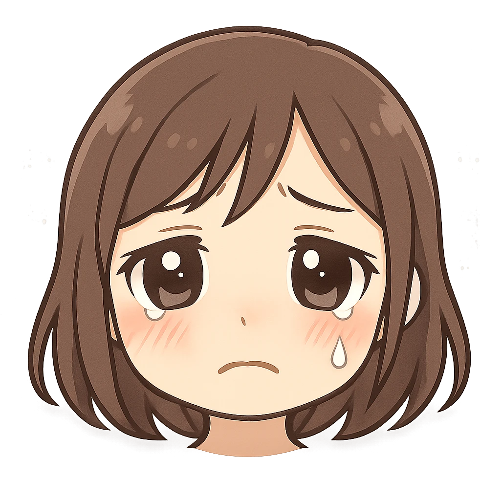 sad anime-style girl emoji with glossy eyes and a single tear on her cheek, pink cheeks, pastel blue-gray background with subtle sparkles, soft crying, emotional, sensitive style emoji