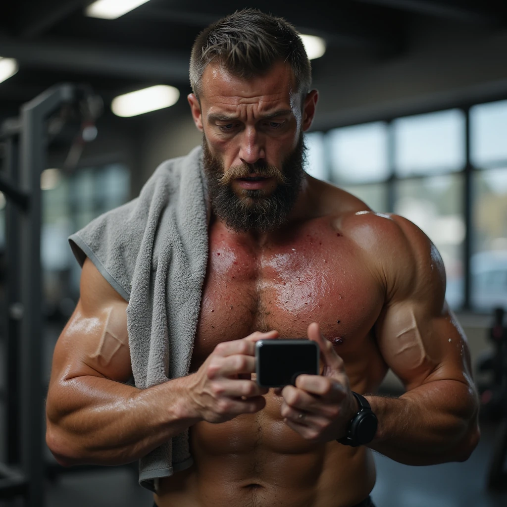 hyperrealistic 4K image of a muscular man in his 30s, mid-cardio, clutching heart rate monitor, face red, sweat everywhere, gym towel soaked, eyes wide with anxiety and stress, gym environment emoji
