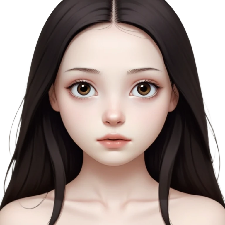 girl with white skin, dark brown long realistic straight hair with middle part prominently falling in front of her body over her shoulders, natural lips with absolutely no cupid's bow and no lip gloss or makeup, big round eyes with very black shiny eyeballs and natural eyelashes, no makeup whatsoever on face, no blush, no eyeshadow, completely bare face, lighter button nose, exceptionally elongated very long oval-shaped face, wearing a pink off-shoulder top, looking directly at camera with hands down at sides emoji