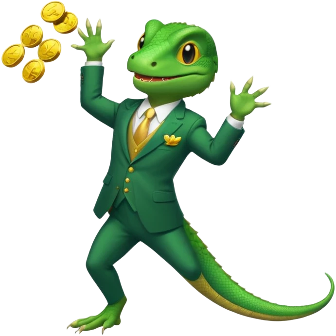 cunning capitalist lizard in a suit, tossing gold coins in the air emoji