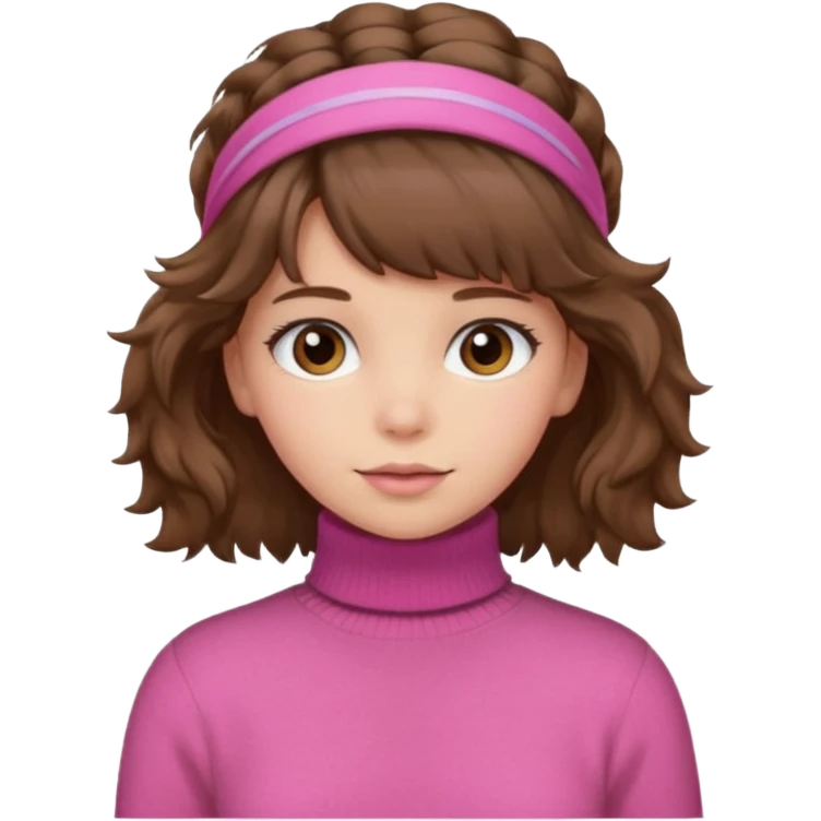 brown fluffy haired girl with pink turtleneck sweater and hair band emoji