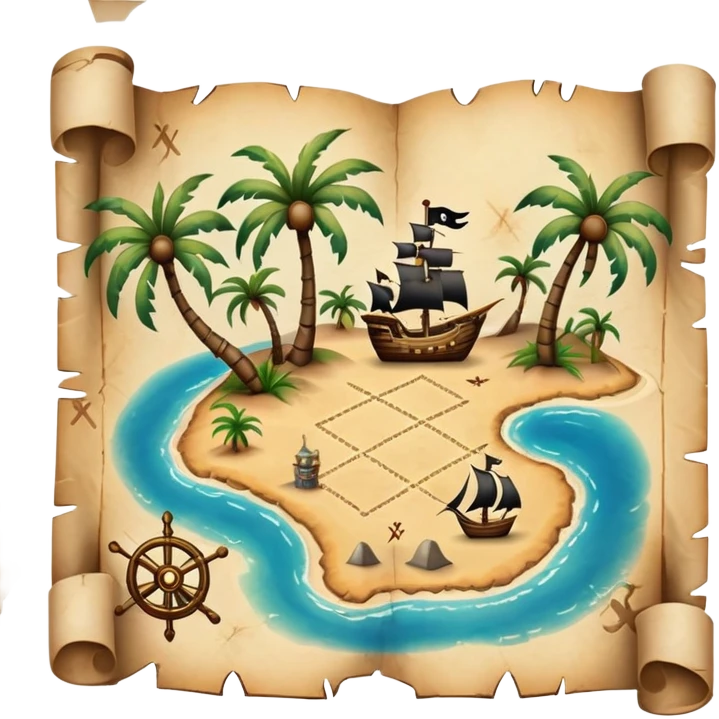 A detailed pirate treasure map with dotted paths, palm trees, and X marks the spot emoji