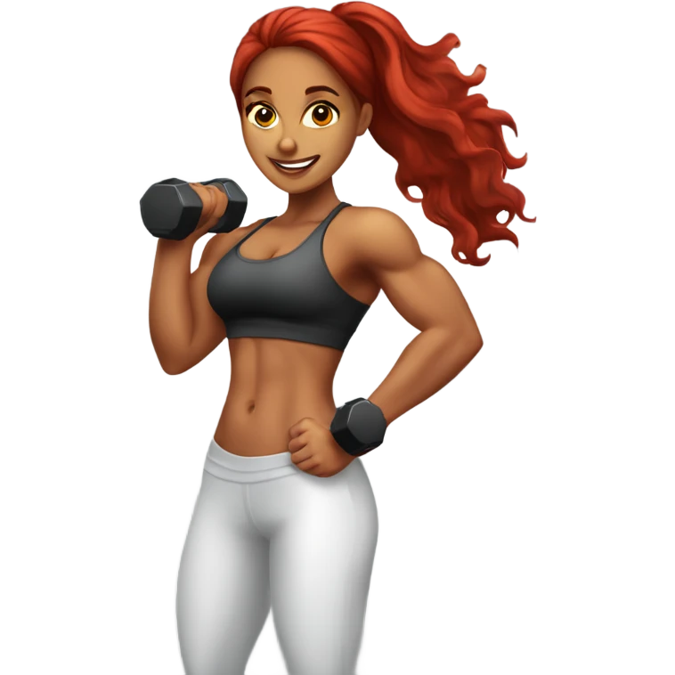 Very fit Latina girl with long red hair holding dumbbells at the gym with abs of steel emoji