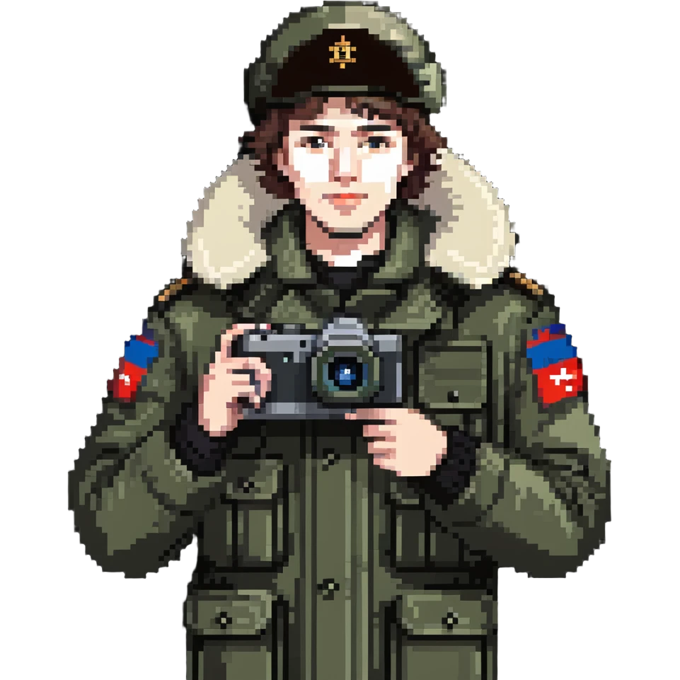 Russian army blogger in an ushanka and vatnik, with a camera or phone emoji