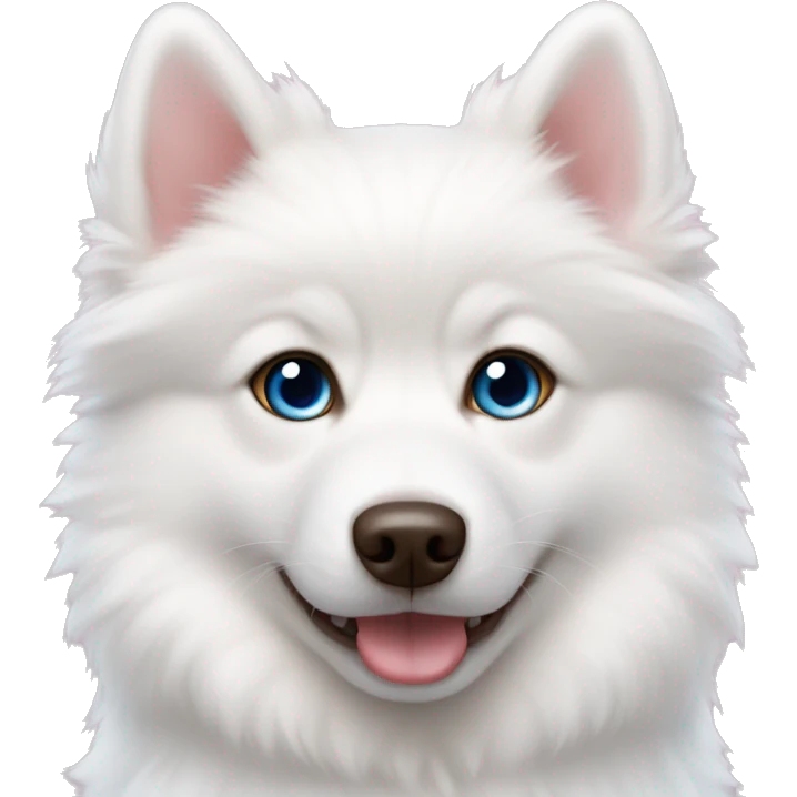 white pomsky puppy with pink ears and one brown eye, one parti blue eye emoji