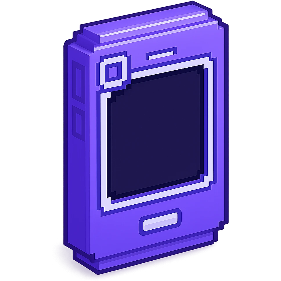 Make this 3D purple smartphone icon fully front facing (not isometric), keep pixel art accents and shiny look, with transparent background. emoji