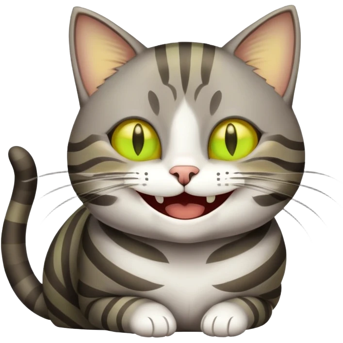 A gray-brown striped cat with yellow-green eyes laughs  emoji