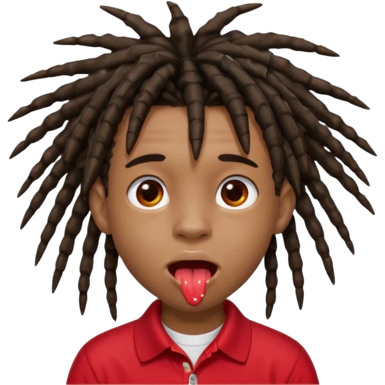14 year old black boy with grown out buzz 4c hair forming into small dreadlocks looks like spikes he is wearing a red polo and his toungue is out very big and has a white shiny gooey splotch on his toungue emoji