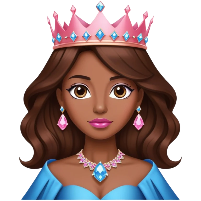 Queen, brown long hair, big crown with pink diamonds, black dress with blue diamonds emoji