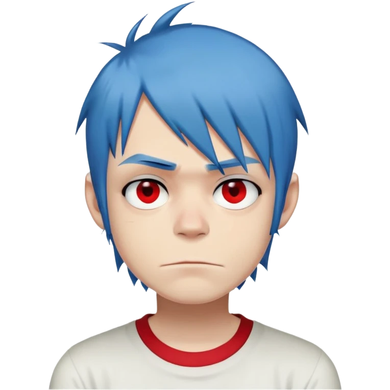 2D from gorillaz blue hair completely white eyes tall top half white shirt red sleeves emoji