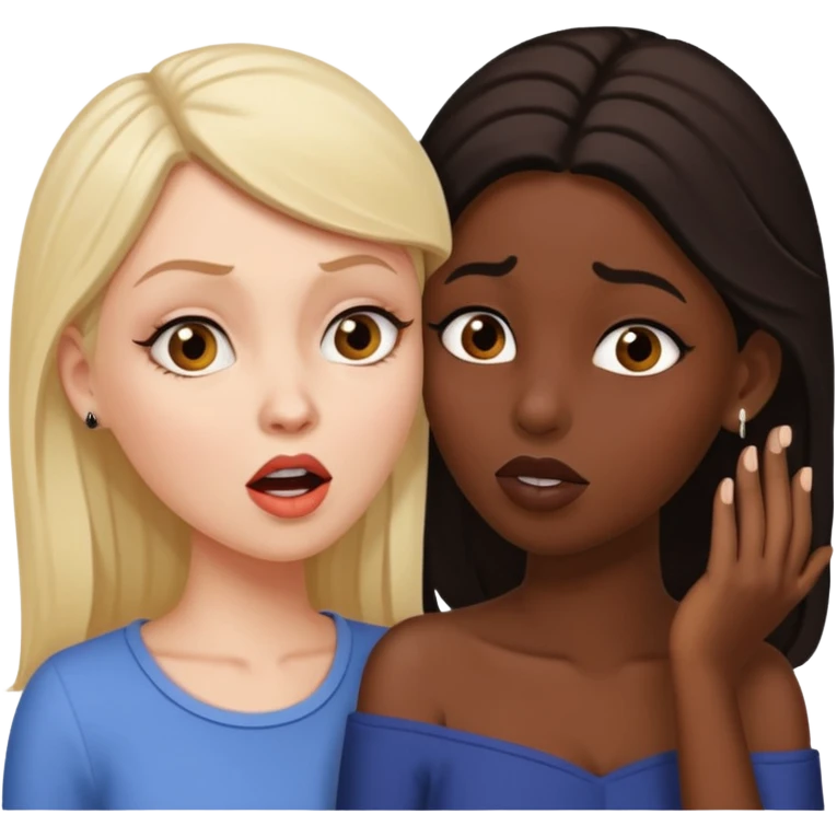 Devious white woman whispers gossip in shocked black woman's ear. emoji