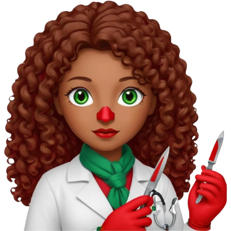 Lilith scalpel in hand, evil surgeon sexy surgeon clothes.  She has green  eyes. She brown long curly hair. Wears sexy doctor outfit with red gloves. Outfit is also red. hair is free and brown. Hides face by using a red scarf emoji