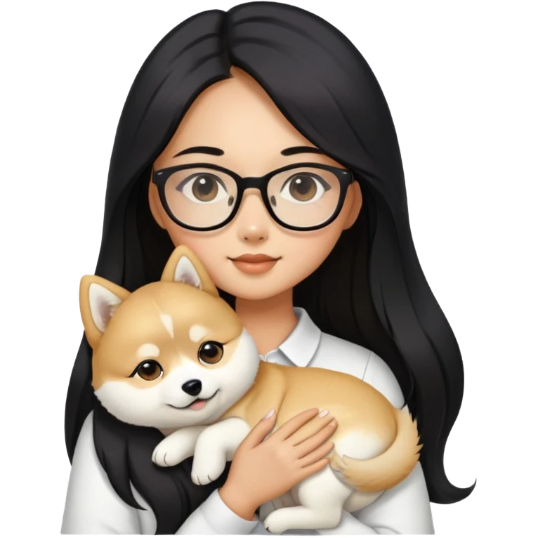 A beautiful girl with long black hair and glasses is holding a long-haired white Shiba Inu puppy emoji