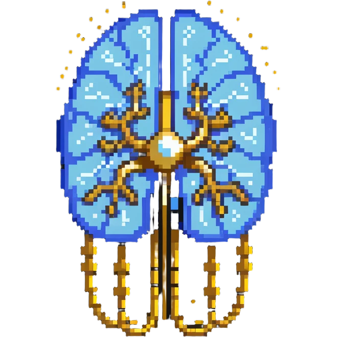 Pixel art of a pearlescent blue capsule floating in front of a brain with golden pixel pulses forming neural connections. A small liver icon nearby, all rotating in a pixelated aura of mental focus emoji