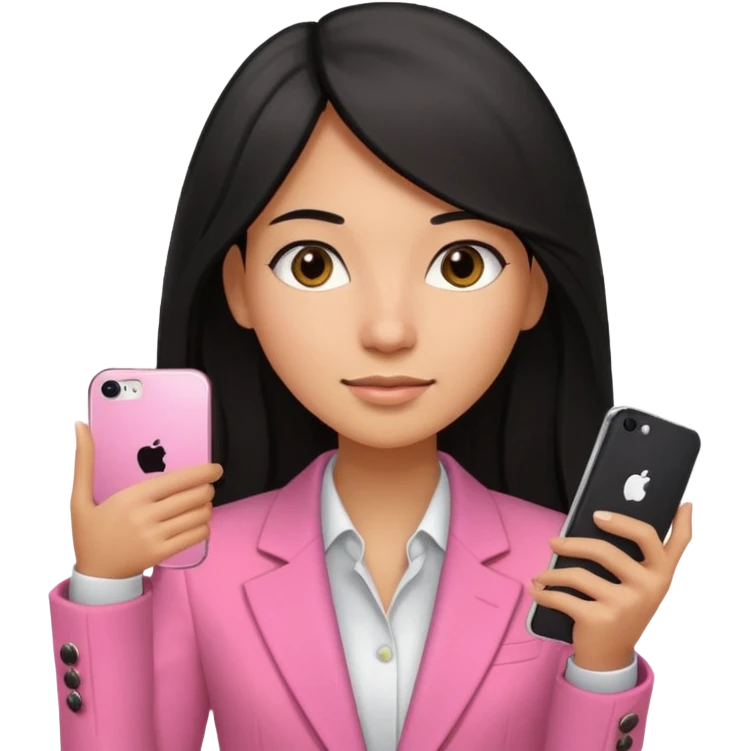 light brown girl with long black hair, dressed in a pink blazer and an iPhone 15 cell phone in her hand emoji