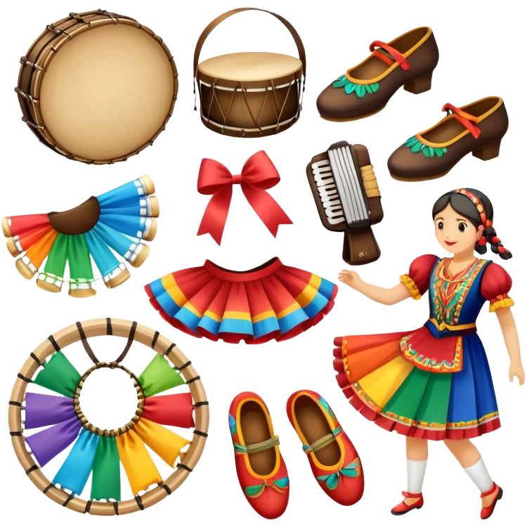 Icon for Folk Dance: close-up traditional dance shoes, colorful folk costumes, and a dance circle with ribbons and musical instruments like a tambourine or accordion. The icon should represent the vibrant and cultural aspects of folk dancing. Transparent background. emoji