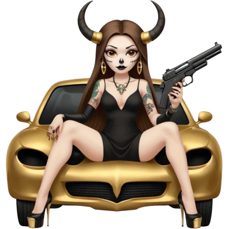 Sensual woman long brown straight haired sexy drug lord woman with tattoos on arm sleeves and black thick butt platform high heels on her feet, and devil black horns on her head, she is holding a skull head and a gun. Sitting on gold car full of gold , long black dress with sexy slit emoji