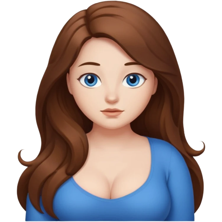 Curvy, brown long hair, sfw intimate pose, blue eyes emoji