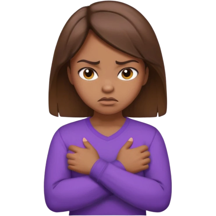 Girl with brown hair crossing arms in front of her chest and making an angry face with a purple longsleeve shirt on and be more pouty emoji