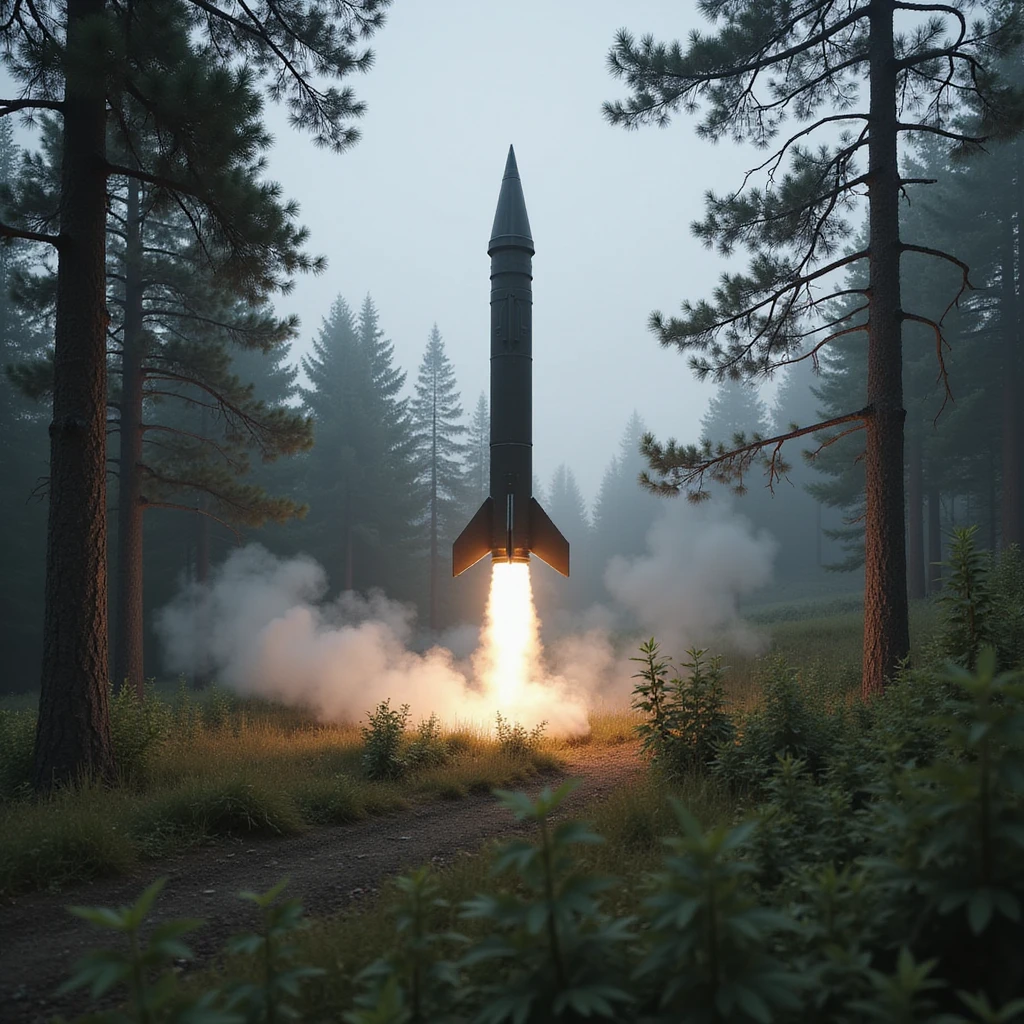 realistic ballistic missile, Photorealism, in a forest landscape emoji