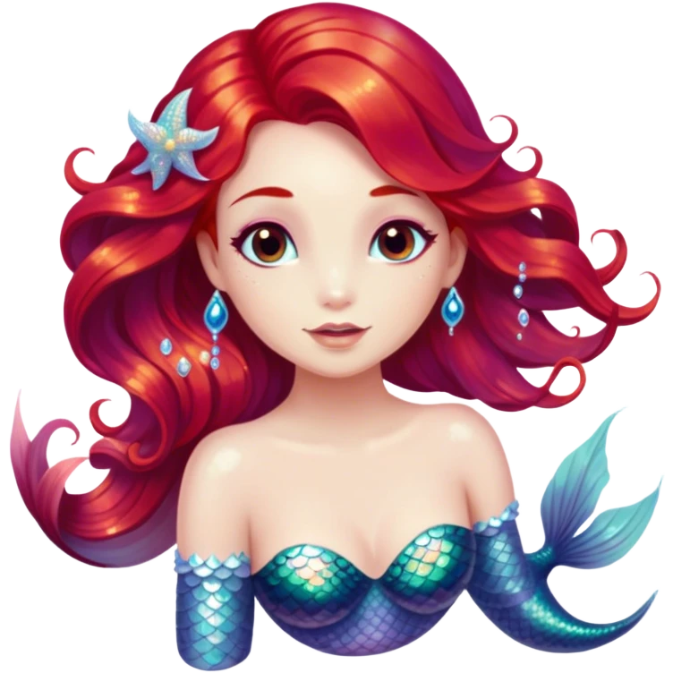 Cinematic Realistic Red Hair Mermaid Portrait, depicted with lifelike porcelain white skin that glows with an ethereal radiance, enhanced by soft underwater lighting. Her intricately detailed, flowing red hair cascades like liquid fire, framing deep, soulful eyes that mirror the mysteries of the deep sea. Accented by shimmering, iridescent scales and delicate aquatic embellishments, the portrait features an enchanting underwater glow that marries realism with mythic ocean elegance. emoji