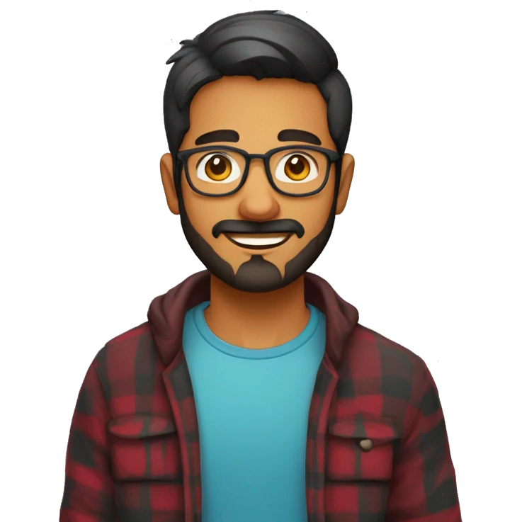 indian young guy with no moustached but stubble goatee beard and transparent spectacles wearing a flannel emoji