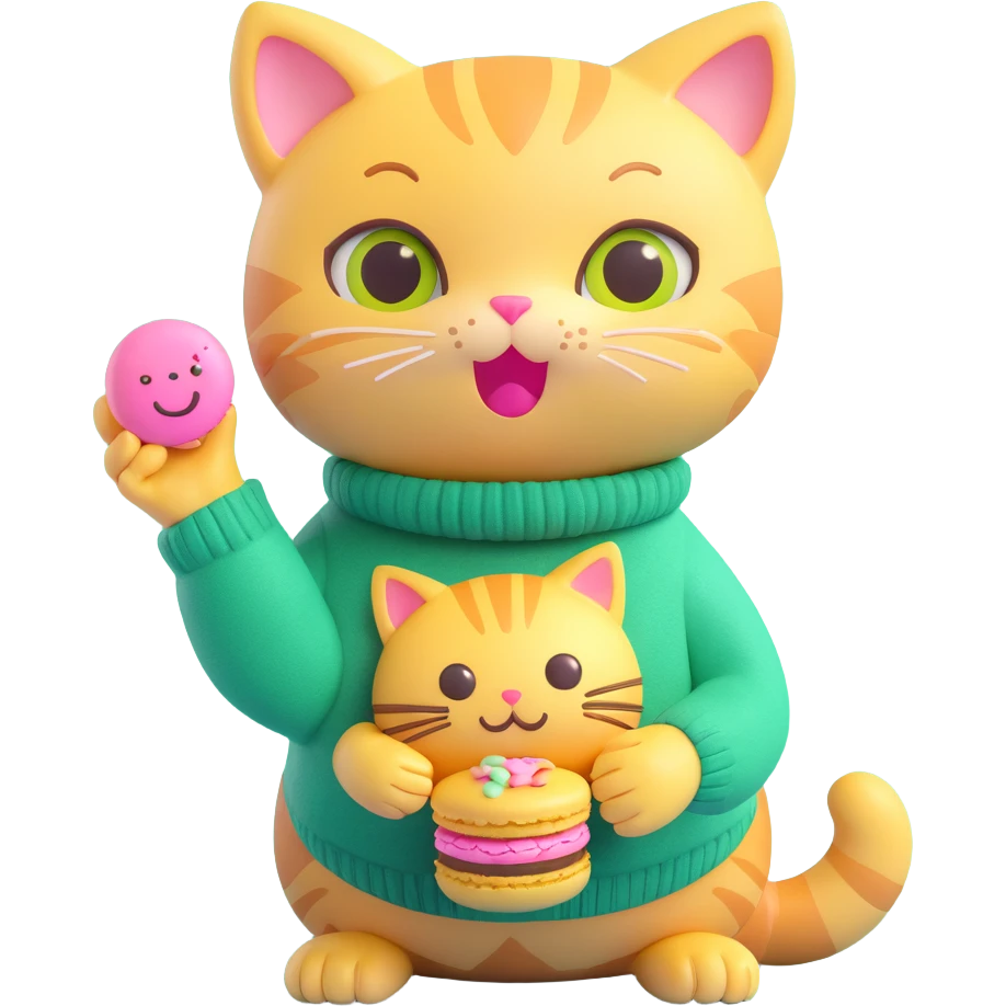 cute cat with big eyes, wearing a green sweater with yellow smiley faces and the word 'MEOWCARON', holding a pink macaron, soft and shiny, inspired by Apple iOS 3D emoji style emoji