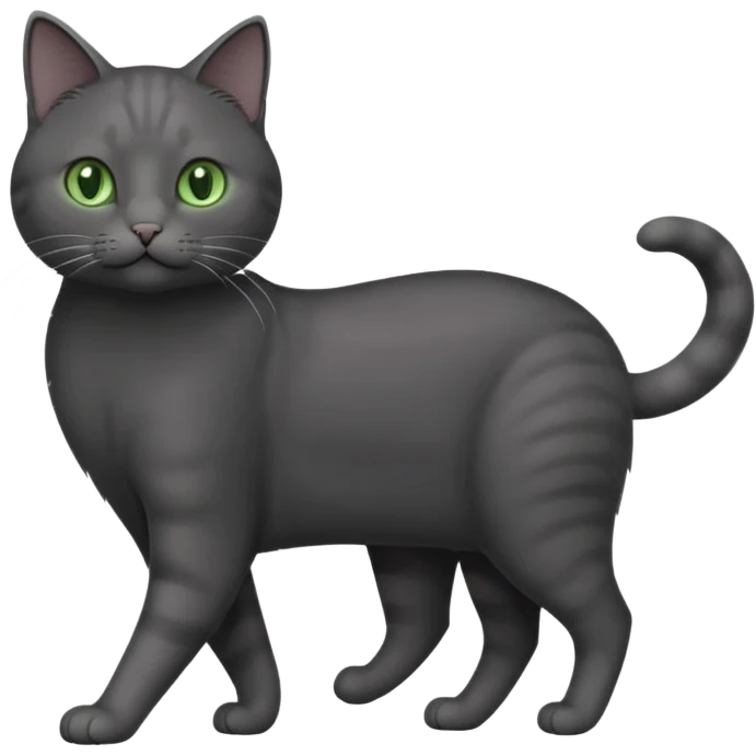 full body gorgeous solid dark grey cat with green eyes, white paws and white whiskers walking emoji