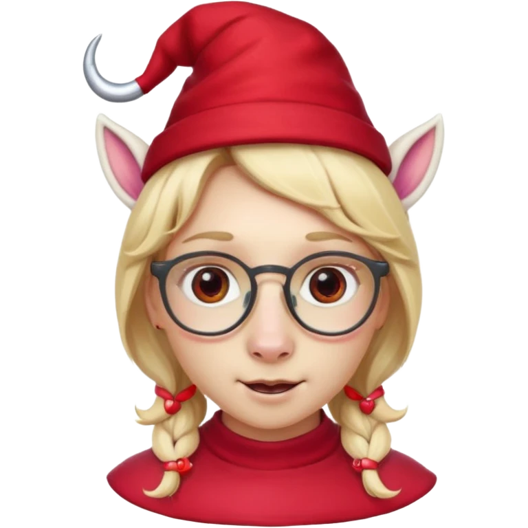 unicorn face cute wearing cute red hat, horn piercing through the hat looking in the camera, blond hair and spectacled. with big horn emoji