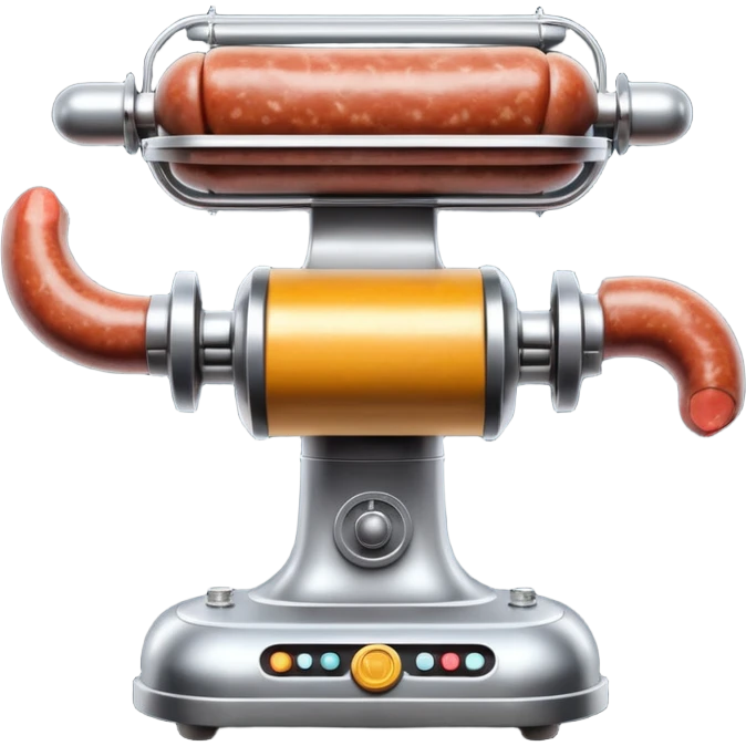 sausage-processing droid. retro-futuristic style. top is a circular industrial meat grinder with rotating gears and blades. Two robotic arms feed material into grinder. Sausage links extrude from the rear like  factory. The body is metallic, compact, and floats above the ground.no legs. Dark humor emoji