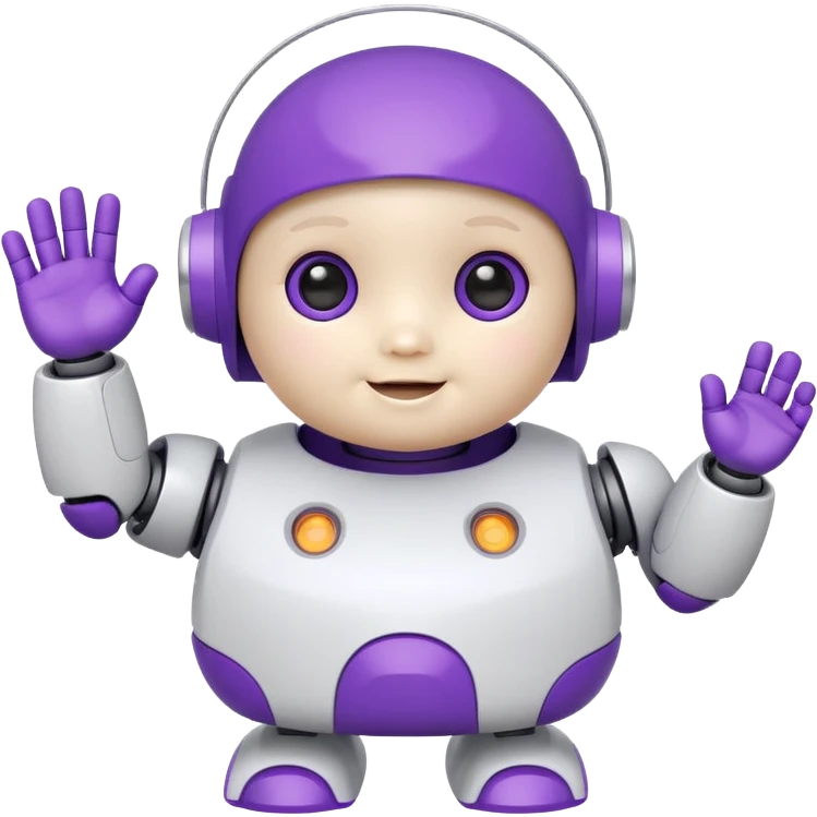 adorable baby robot, white body with purple accents, chubby cheeks, waving emoji