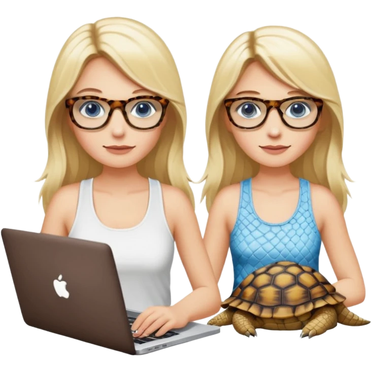 long blonde hair woman blue eyes with tortoise shell print glasses wearing white tank top on mac book with a white crocodile patterns laptop case  emoji