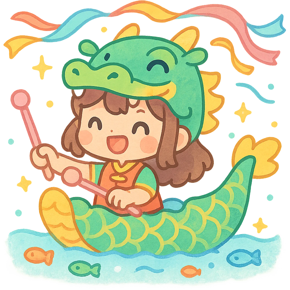 A chibi girl dressed as a dragon boat drummer, holding soft pastel drumsticks, standing in a fluffy dragon boat, colorful festival ribbons flying, sparkles and cute mini fish swimming below, soft pastel colors, watercolor texture, transparent background emoji