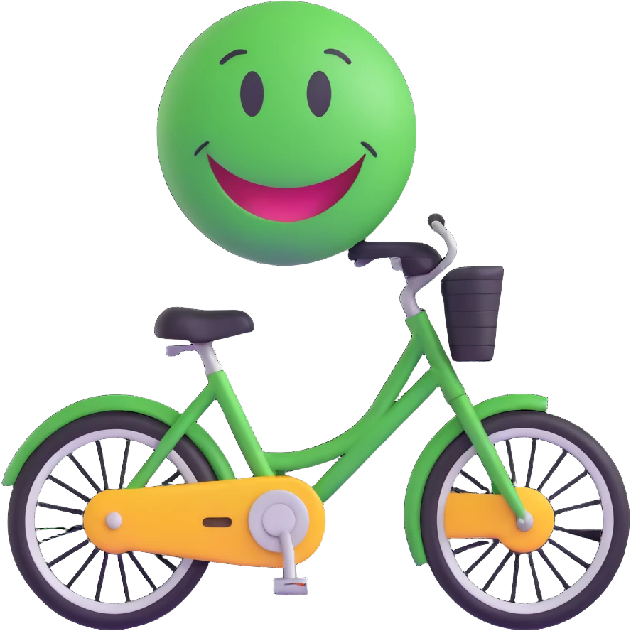 3D smiley emoji, round shape, grandfather riding a bicycle, green color, smiling face emoji