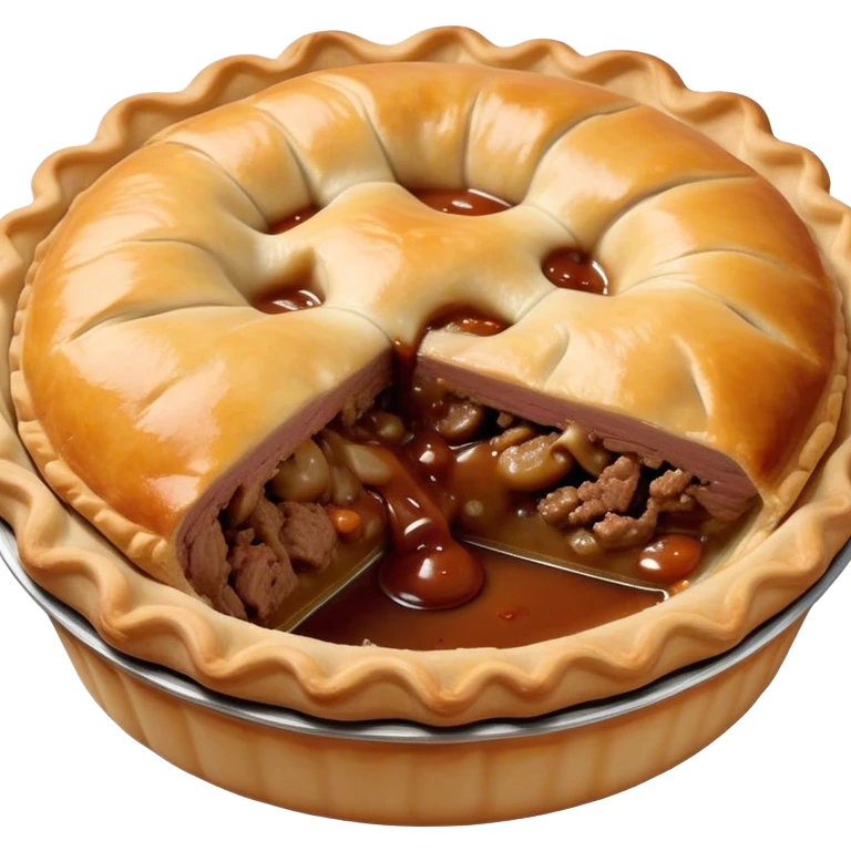 Cinematic Realistic Meat Pie Dish Emoji, showcasing a flaky pastry filled with rich, hearty meat gravy, rendered with lifelike detail and warm, inviting lighting. emoji