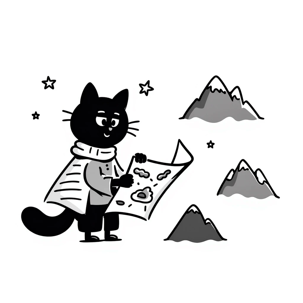 Adventurous cat explorer studying a map, mountains and stars in background, light clothing and cloak flowing in the wind, looking thoughtfully into the distance emoji