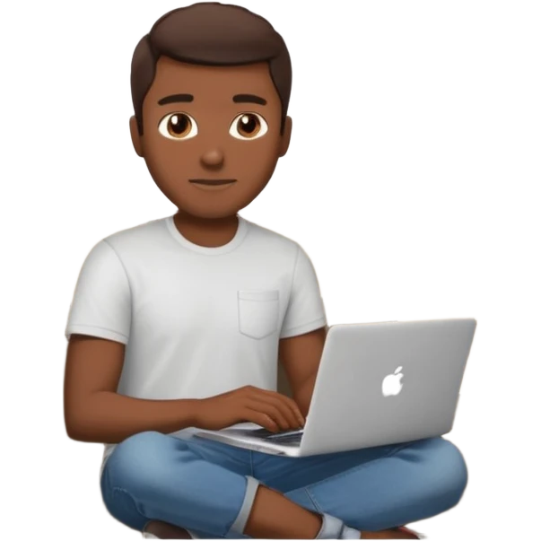 Homme développeur de teint noir, assis dans un coin cosy de son salon un week-end, ordinateur portable ouvert affichant du code. Lumière naturelle douce, ambiance calme. Habillé simplement (t-shirt clair, jean ou short), tasse de café/thé à côté. emoji