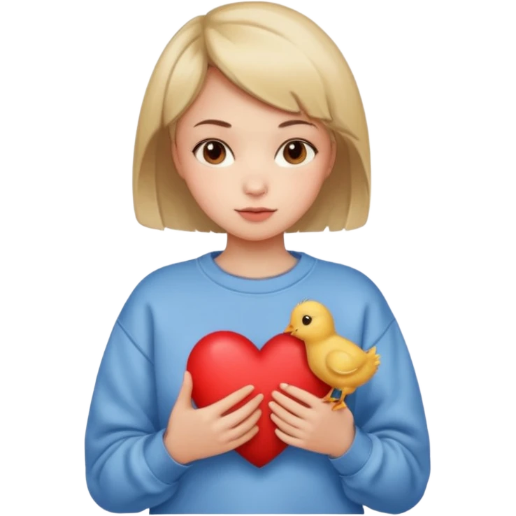 una niña con el pelo corto, con la sudadera de forma de pollito sujetando un corazón emoji