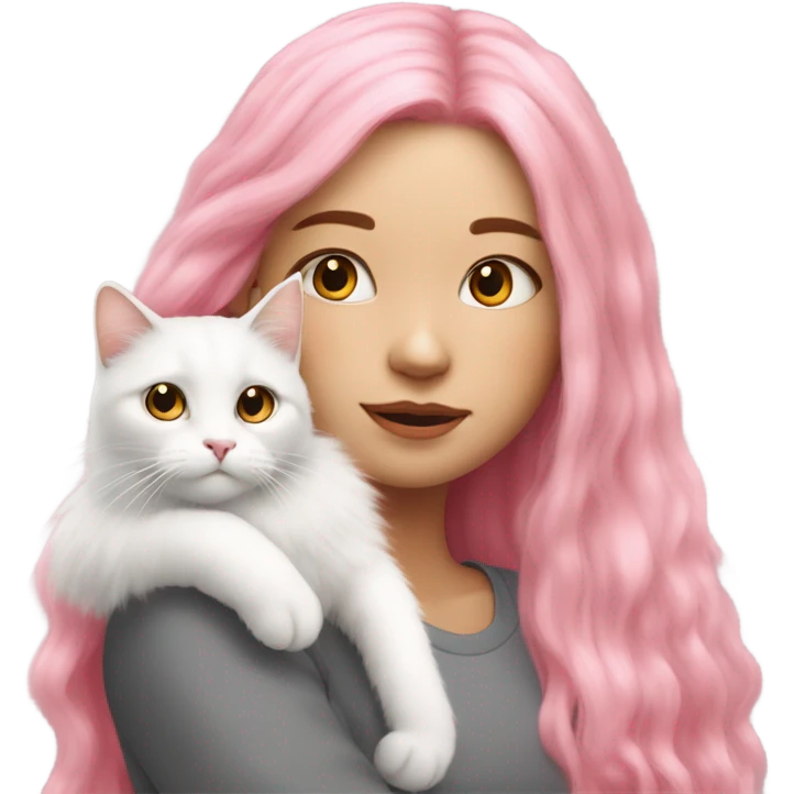 A girl with long pink hair and a white fluffy cat is lying on her left shoulder and neck emoji