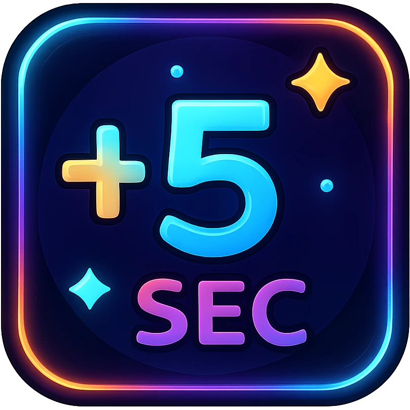 +5 sec icon with dark purple, blue, and black base, bright accents, complex gradients, stars, bright neon border, modern clean +5 seconds symbol, glow and lighting effects, sophisticated futuristic icon style emoji