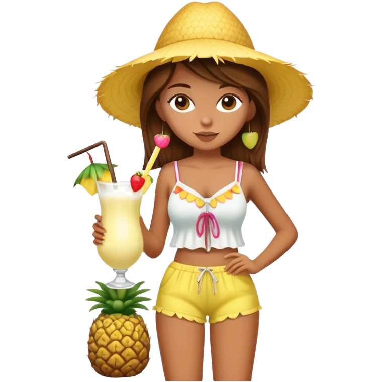 Full body of a very tan skinned girl with brown hair wearing a summer outfit sipping a piña colada emoji