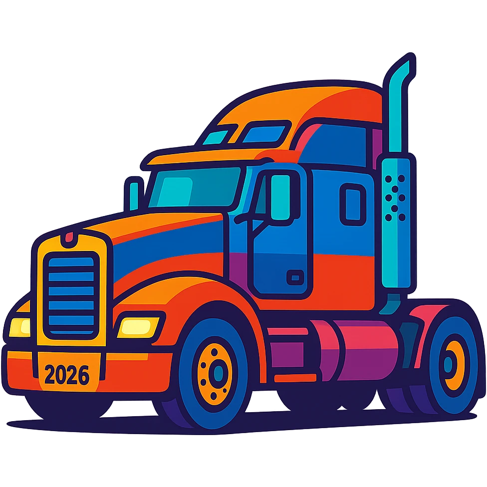 2026 Kenworth Sleeper semi truck, side view, headlights on, vibrant cartoon style, no background emoji