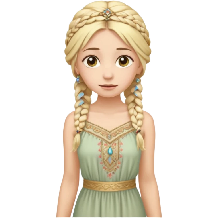 
mujer, Joven, de aspecto dulce y elegante.
Piel clara, ojos grandes y expresivos, sonrisa triste.
Rubio o castaño claro, largo, con trenzas o velo.
Vestido largo hasta los pies de tonos suaves (blanco, azul o lavanda), con bordados dorados; toca fina cubriendo la cabeza. emoji