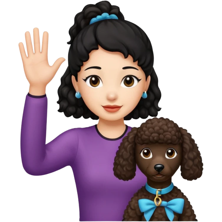 Ponytail black hair girl with brown Poodle say goodbye  emoji