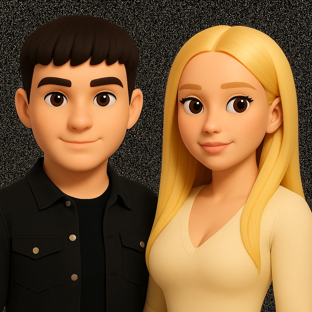 Slightly increase the volume of the upper body of the girl, separate the girl and the boy from each other, and make the skin color the same for both characters. Maintain the cartoonish 3D style in the image. emoji